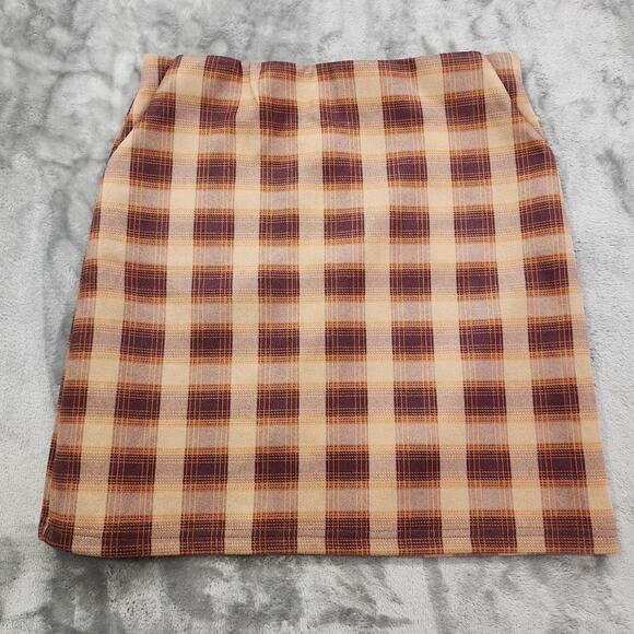 Potter's Pot Skirt Womens L Tan Plaid Faux Suede Mini Back Zip Stretch Preppy - Picture 1 of 9